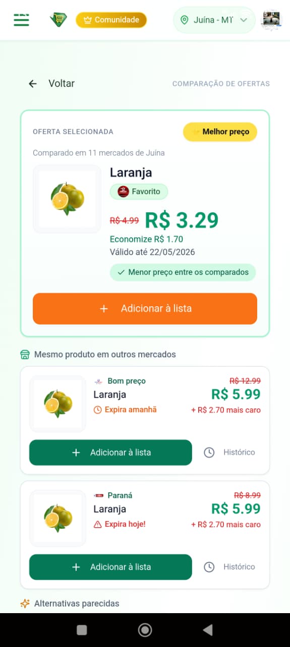 Resultado: Laranja por R$ 3,29 (melhor preço) vs R$ 5,99 em outros mercados