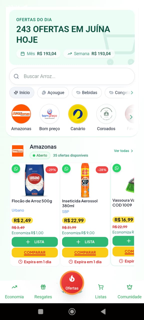 App Oferteiros mostrando 243 ofertas em Juína hoje, organizadas por mercado e categoria